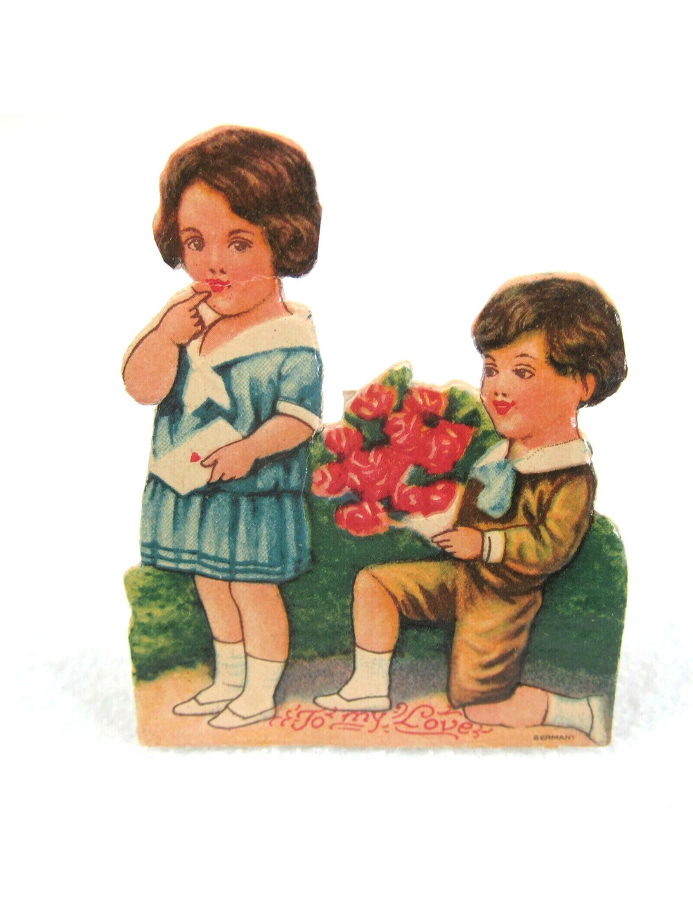 Vintage Valentine Die Cut Stand Up Girl Boy Sailor Suit Flowers 1920-30s Germany